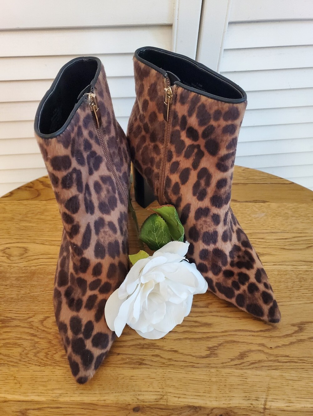 Nine West Faux Fur Leopard Print Booties Block Heel Side Zip, 7.5M